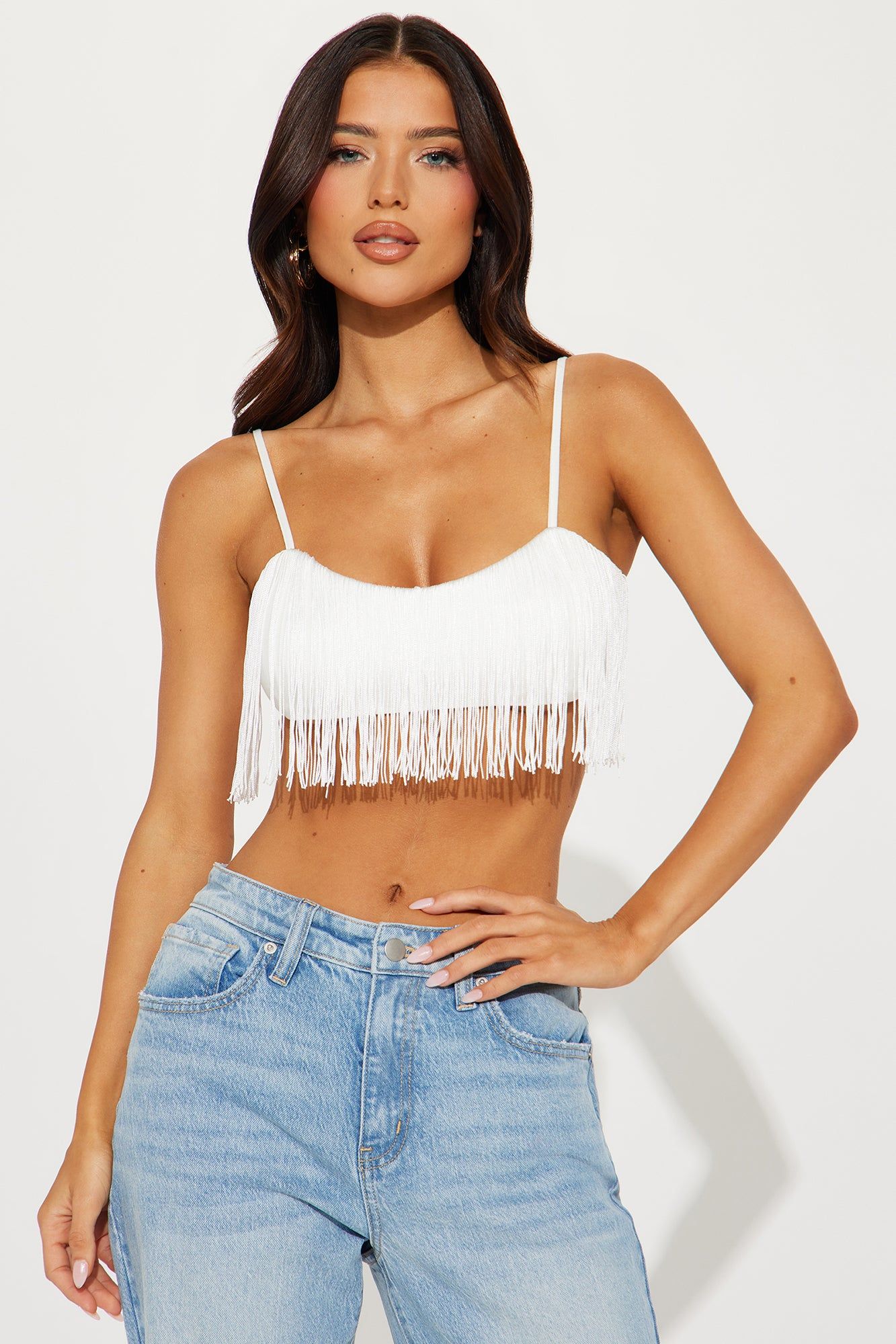 Pull Up Fringe Crop Top - White sold by Fashion Nova