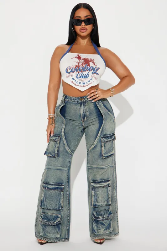 Making It Work Tinted Cargo Jeans - Medium Wash sold by Fashion Nova