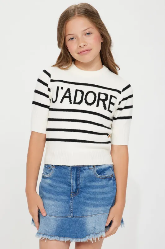 Mini J'adore Striped Short Sleeve Sweater - Ivory sold by Fashion Nova