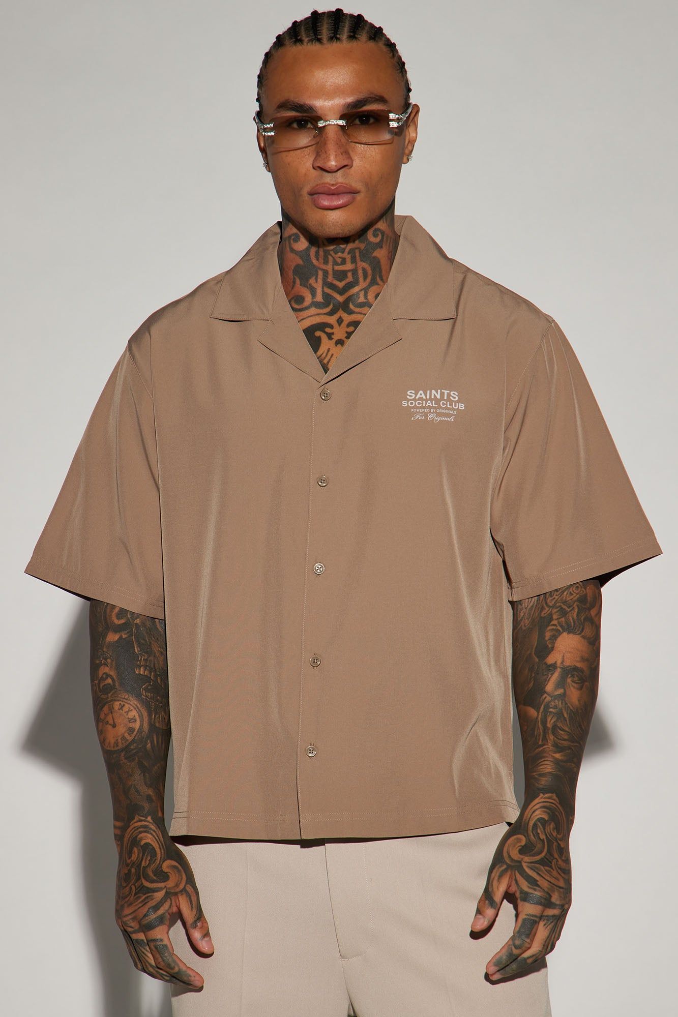 Saints Social Club Button Up Shirt - Taupe sold by Fashion Nova