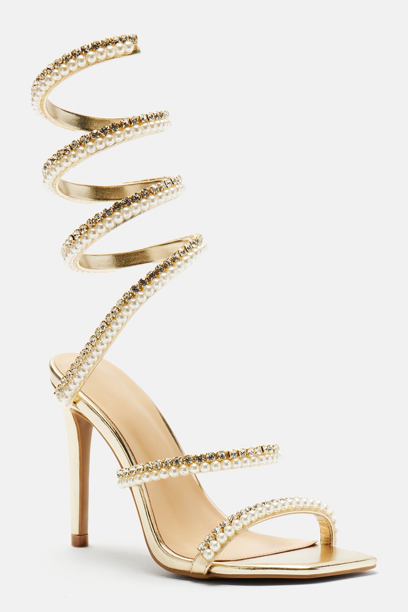 Maeve Embellished Pearl Wrap Up Heels - Gold sold by Fashion Nova