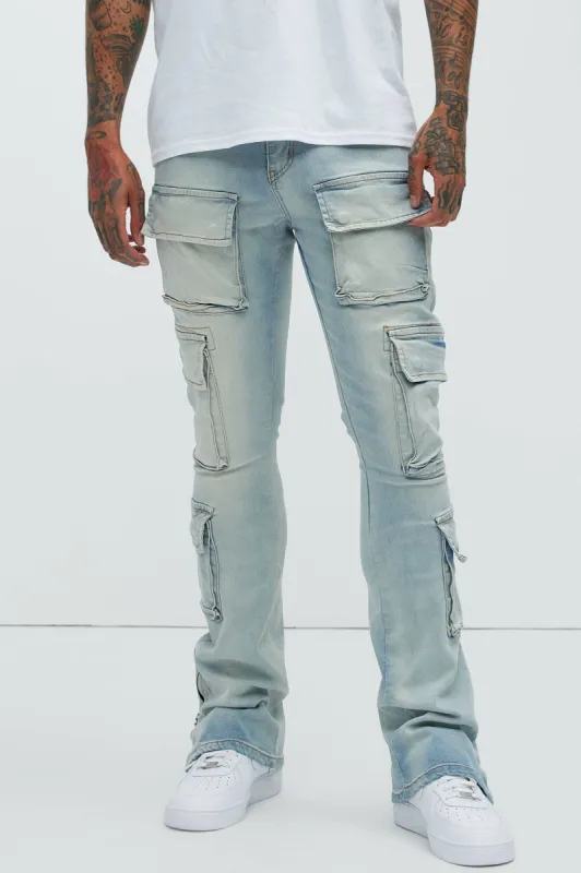 Stay Ready Cargo Stacked Skinny Convertible Flare Jeans - Light Wash sold by Fashion Nova