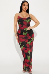 Remi Printed Mesh Maxi Dress - Red/combo sold by Fashion Nova
