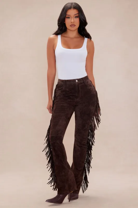 Suede Nashville Fringe Pant - Brown sold by Fashion Nova