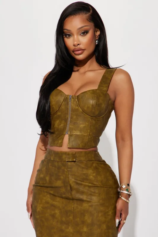 Carry It Well Washed Faux Leather Corset Top - Olive sold by Fashion Nova