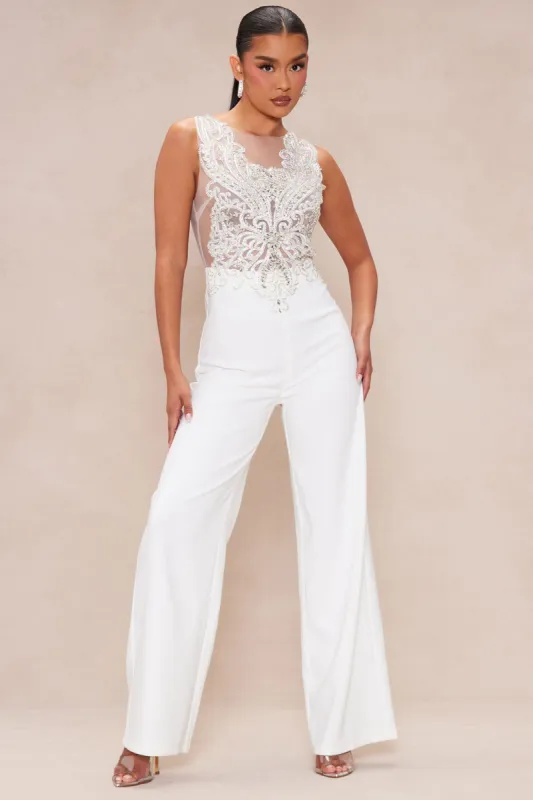 Mia Embellished Jumpsuit - White sold by Fashion Nova