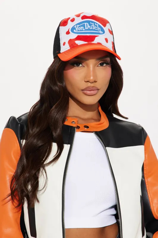 Von Dutch Velvet Splatter Trucker Hat - Black/Red sold by Fashion Nova