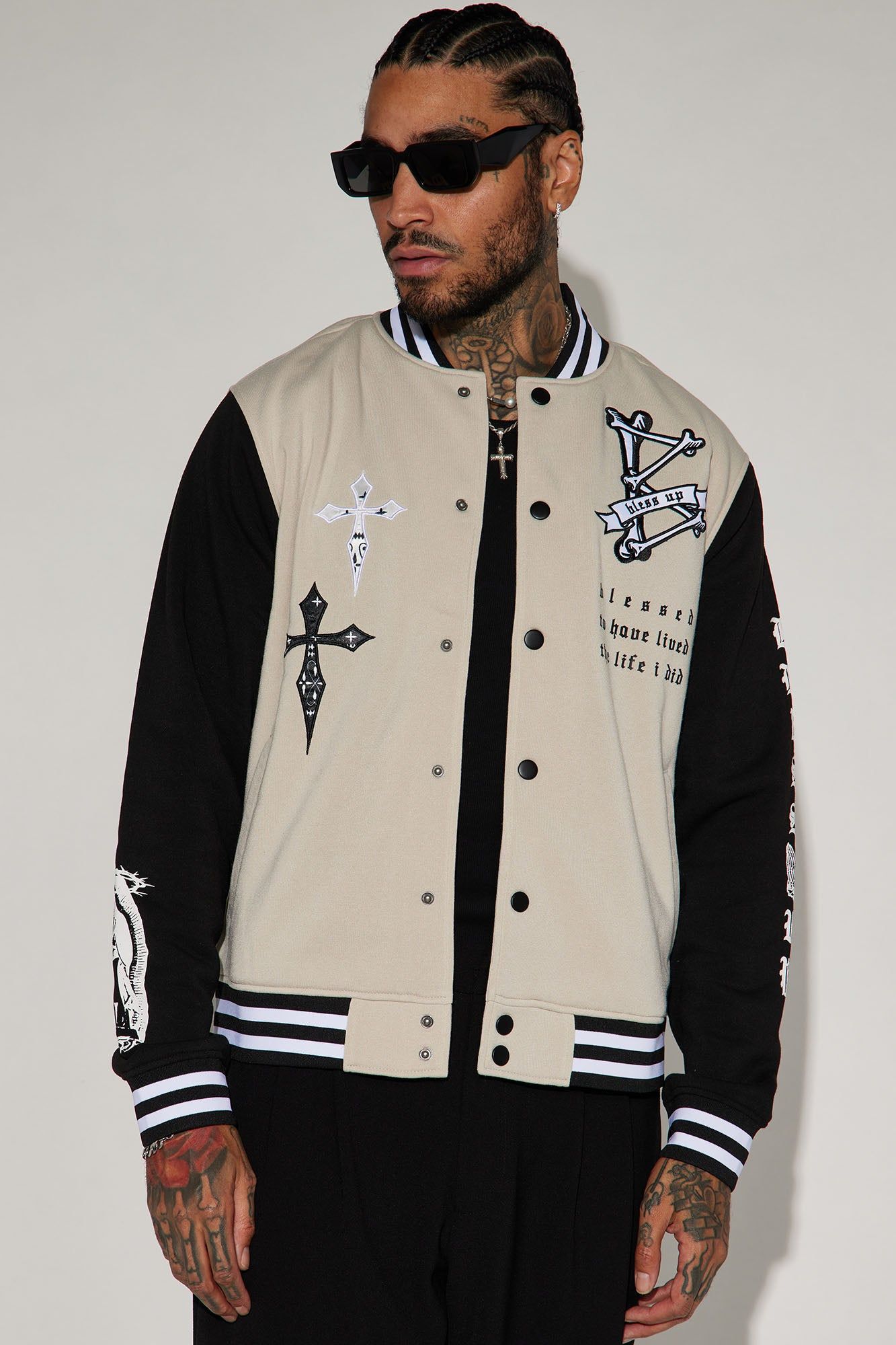 Bless Up Varsity Jacket - Sand sold by Fashion Nova