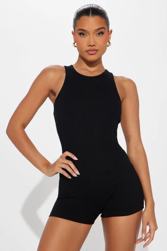 Cut The Act Ribbed Romper - Black sold by Fashion Nova