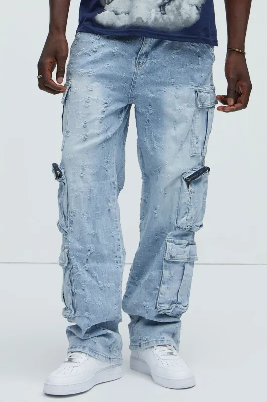 Always Distressed Cargo Straight Jeans - Medium Wash sold by Fashion Nova