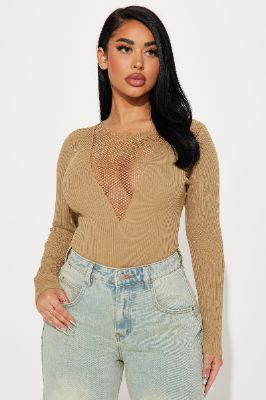 Camera Ready Rhinestone Bodysuit - Beige sold by Fashion Nova