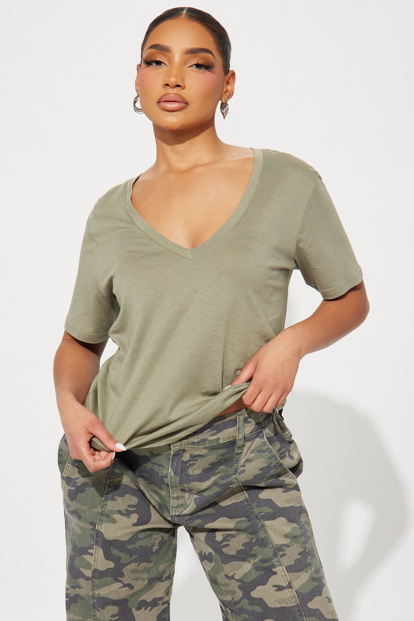 Ava V-Neck Tee - Olive sold by Fashion Nova