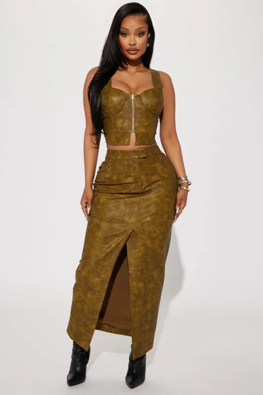 Carry It Well Washed Faux Leather Maxi Skirt - Olive sold by Fashion Nova