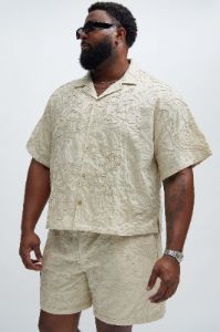 Swirl Jacquard Linen Shirt - Off White sold by Fashion Nova