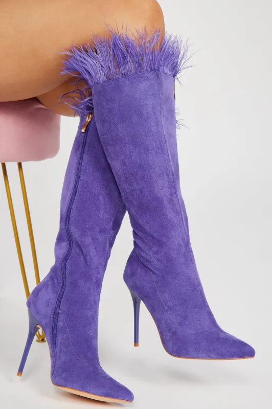 She's The Life Of The Party Knee High Heeled Boots - Purple sold by Fashion Nova