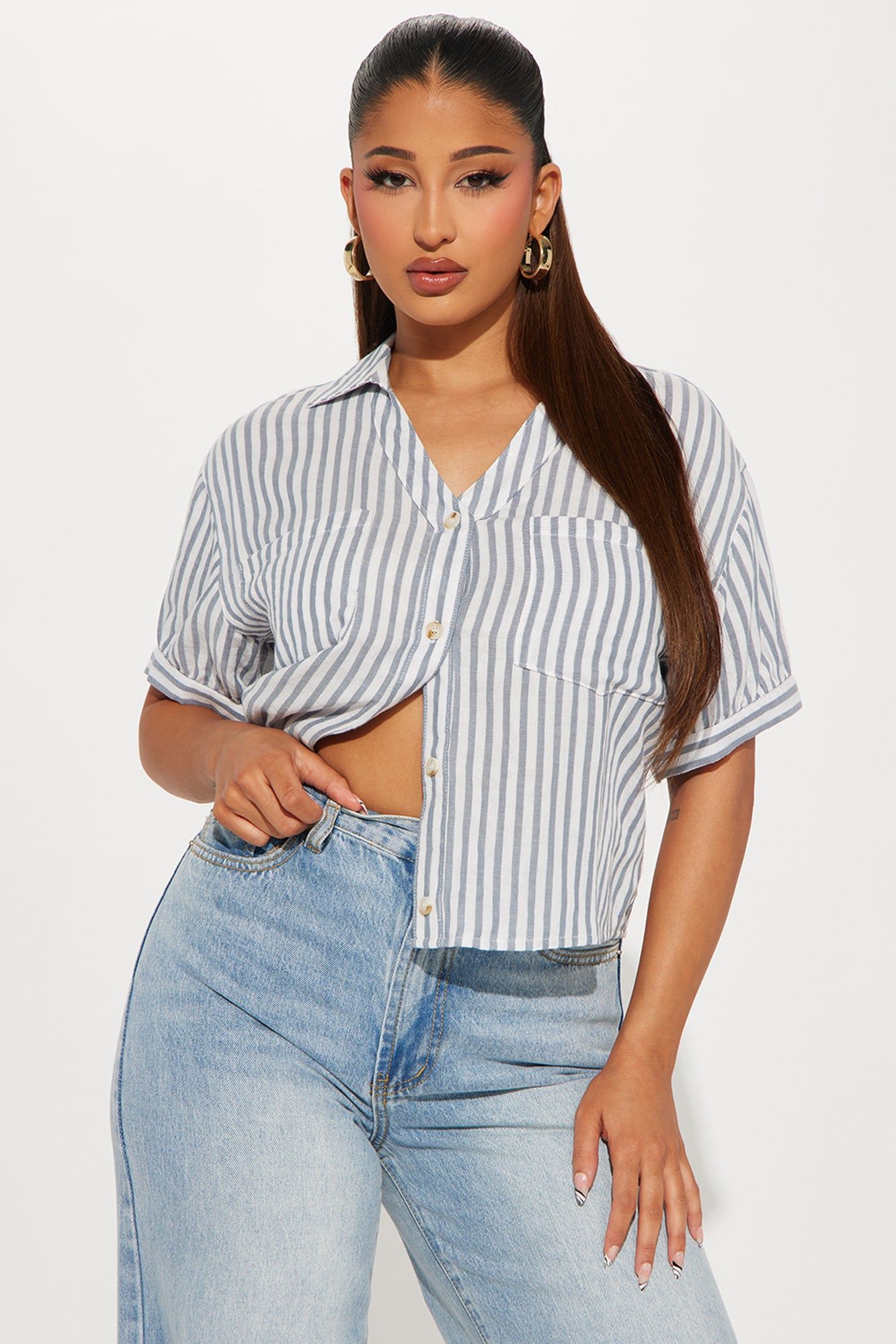 Boat Day Shirt - White/Blue sold by Fashion Nova