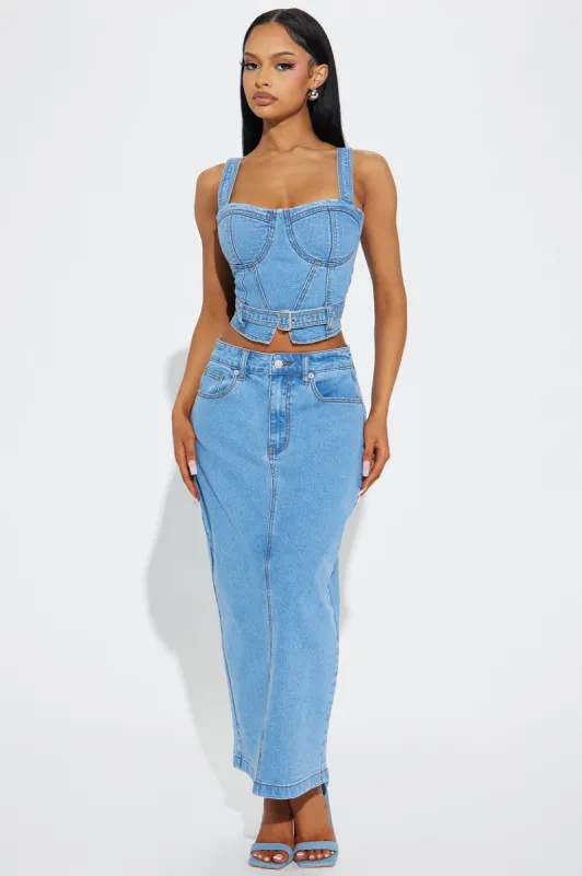 Devine Washed Denim Skirt Set - Medium Wash sold by Fashion Nova