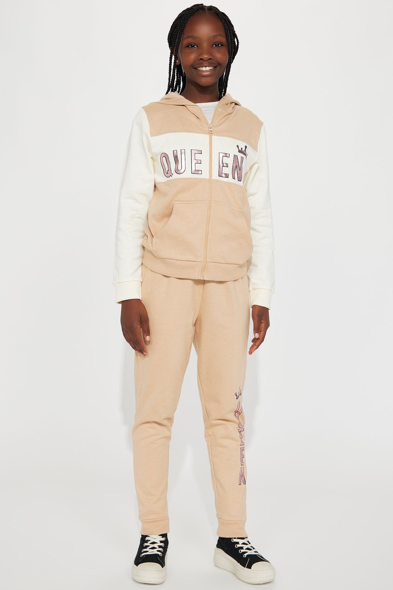 Mini Queen Fleece Jogger Set - Khaki/combo sold by Fashion Nova