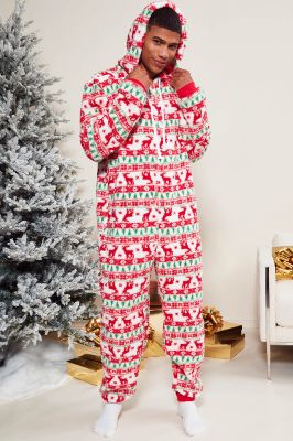 Winter Cuddles Holiday PJ Onesie - Red/combo sold by Fashion Nova