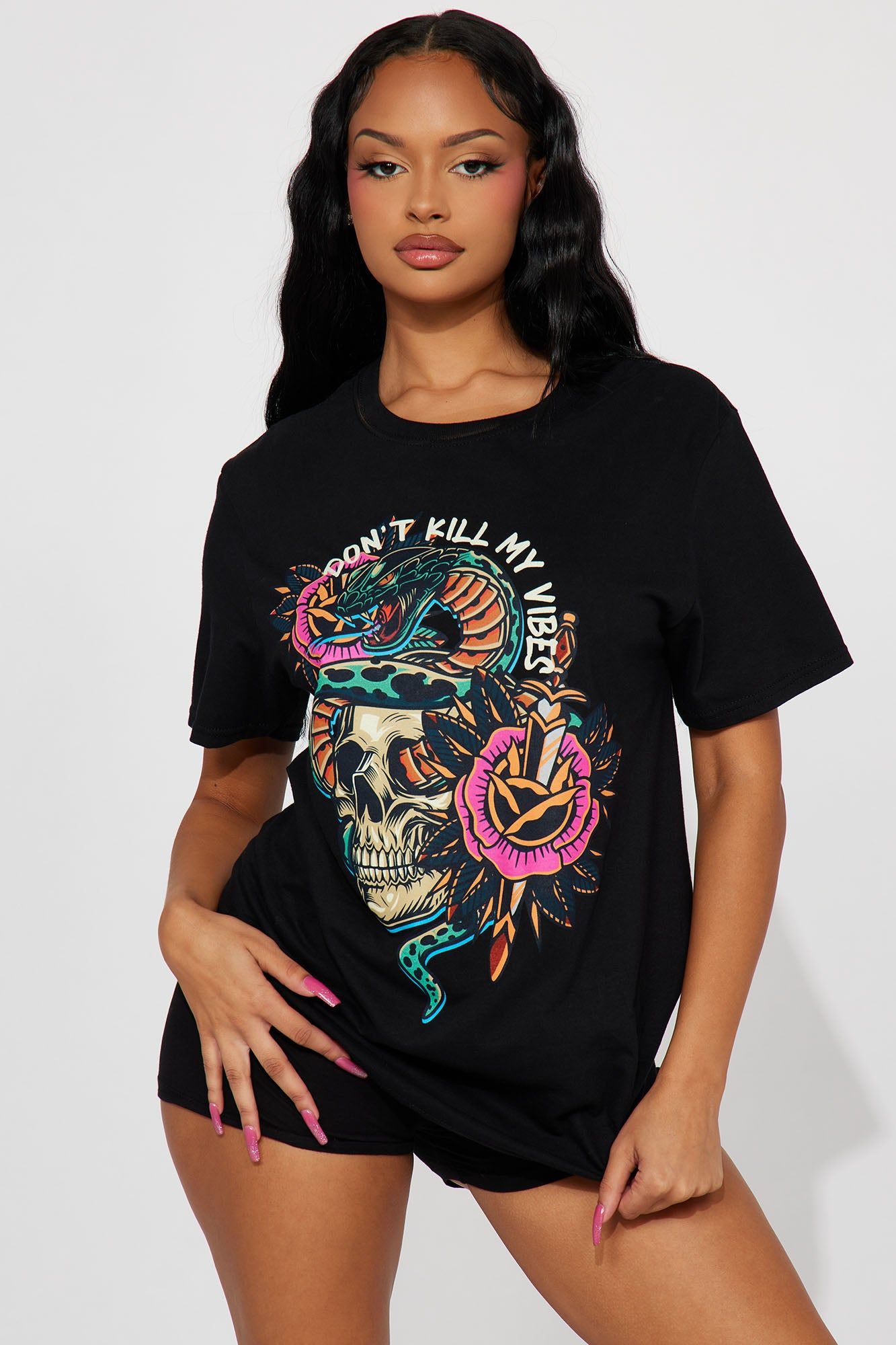 Don't Kill My Vibes Graphic Tee - Black sold by Fashion Nova