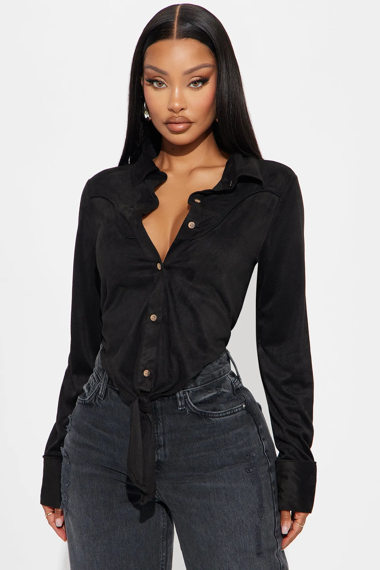 Yee Haw Faux Suede Shirt - Black sold by Fashion Nova