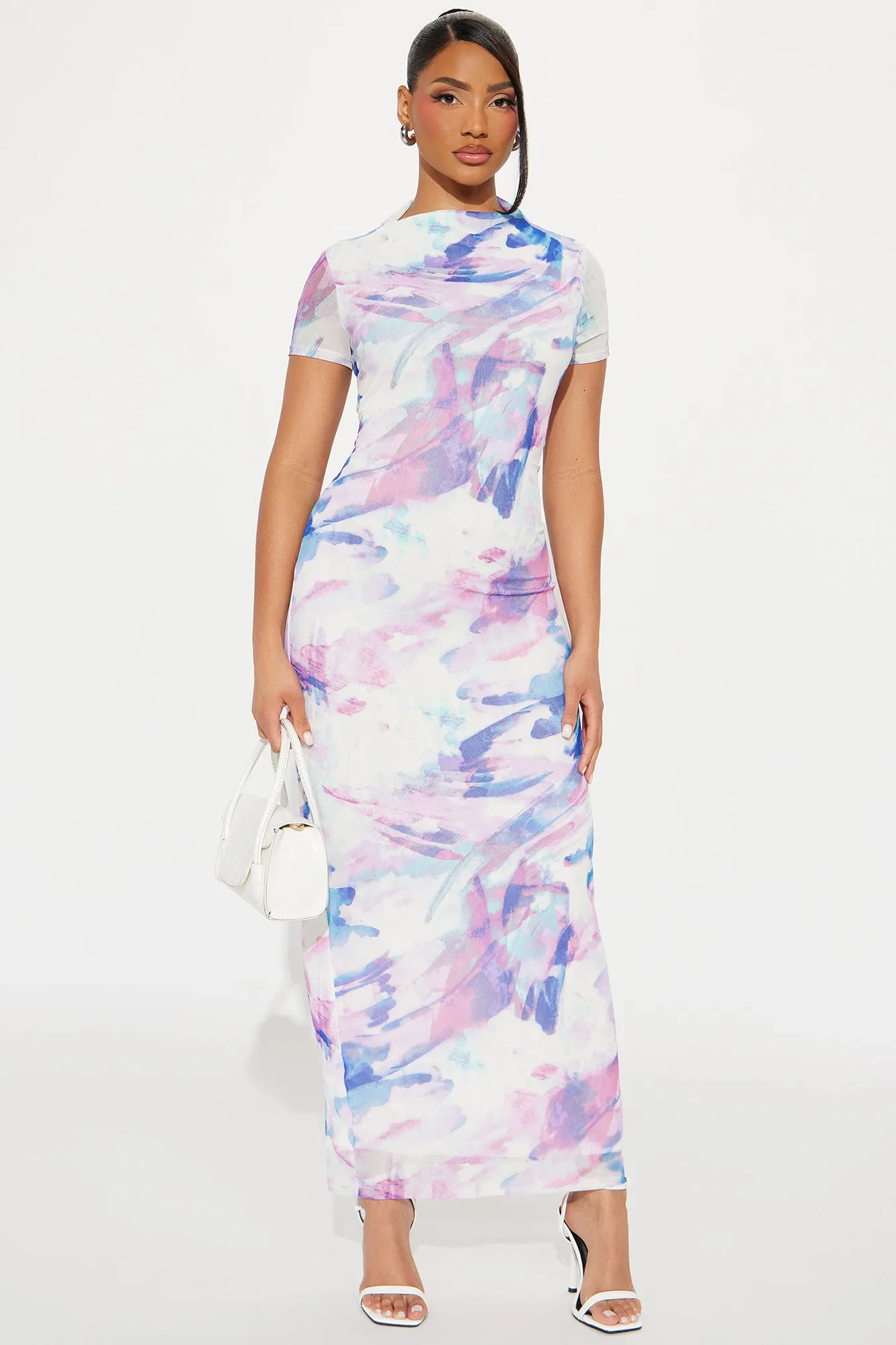 Jennifer Short Sleeve Mesh Maxi Dress - Blue/combo sold by Fashion Nova