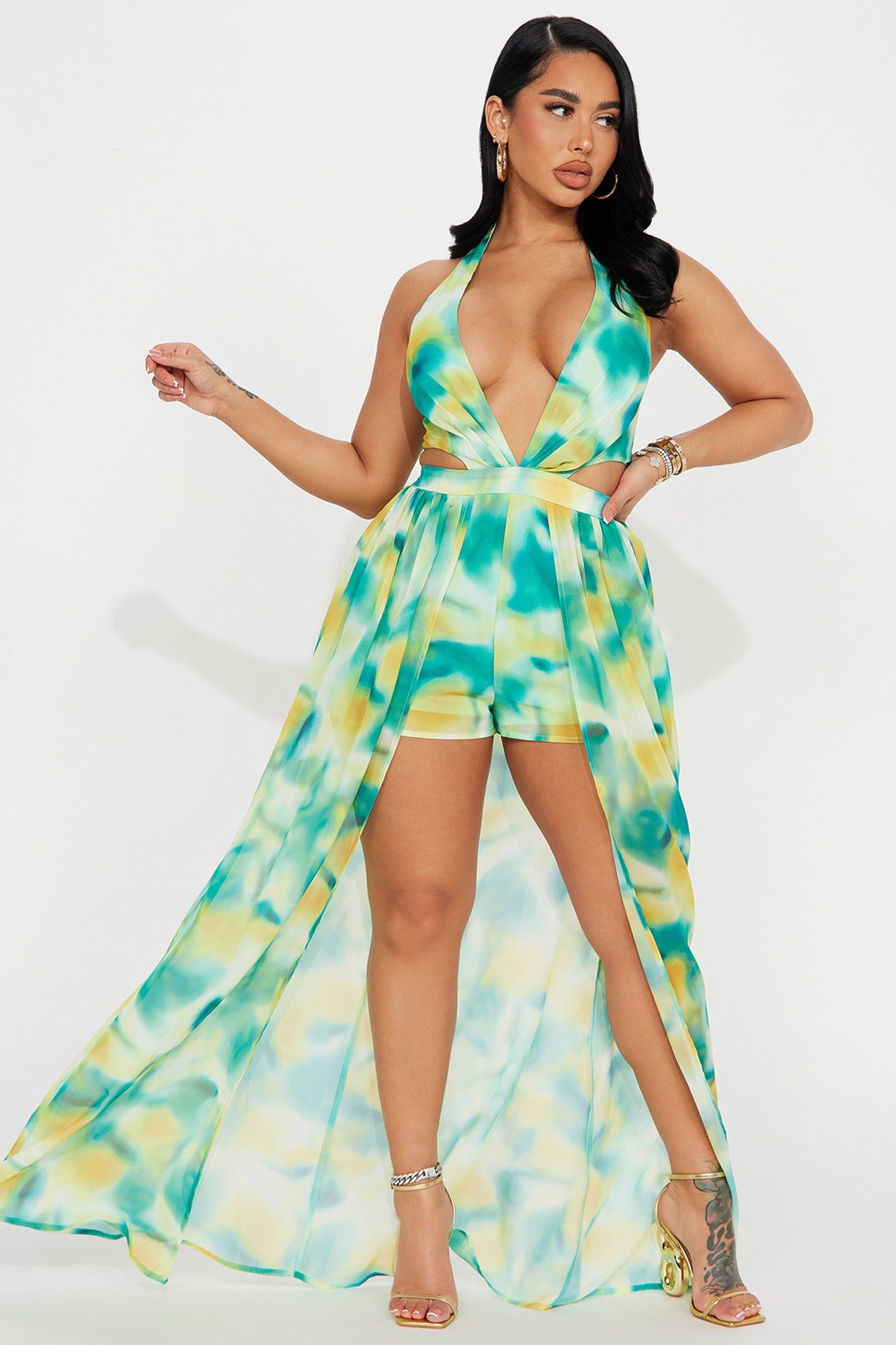 Blair Maxi Romper - Green/combo sold by Fashion Nova
