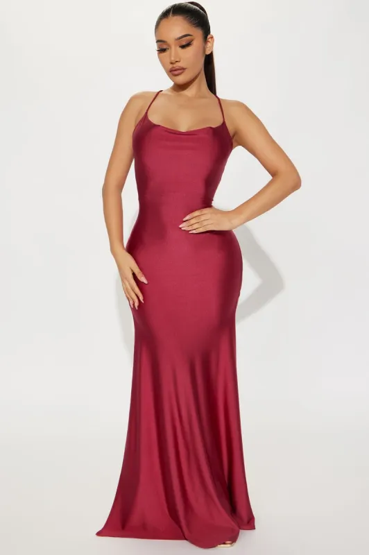 Liana Satin Maxi Dress - Wine sold by Fashion Nova