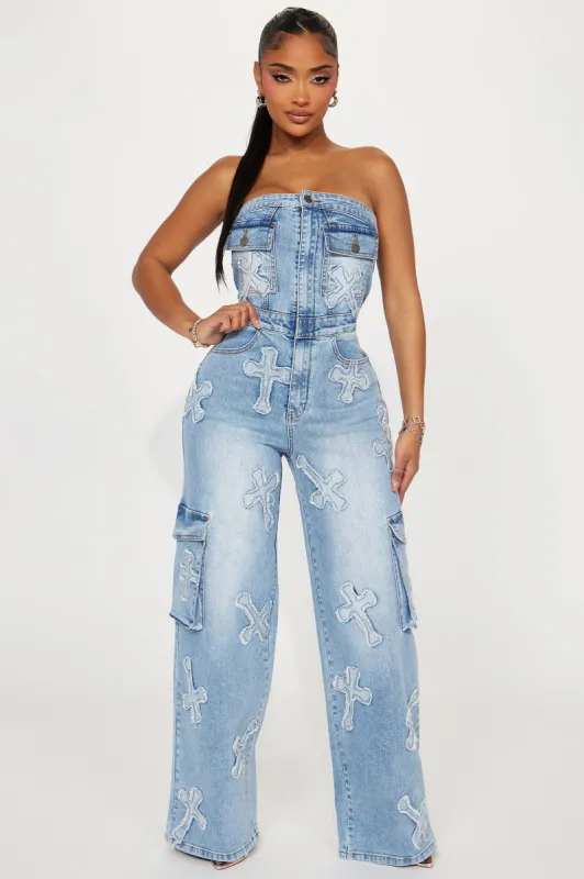 Never Cross Me Denim Jumpsuit - Light Wash sold by Fashion Nova