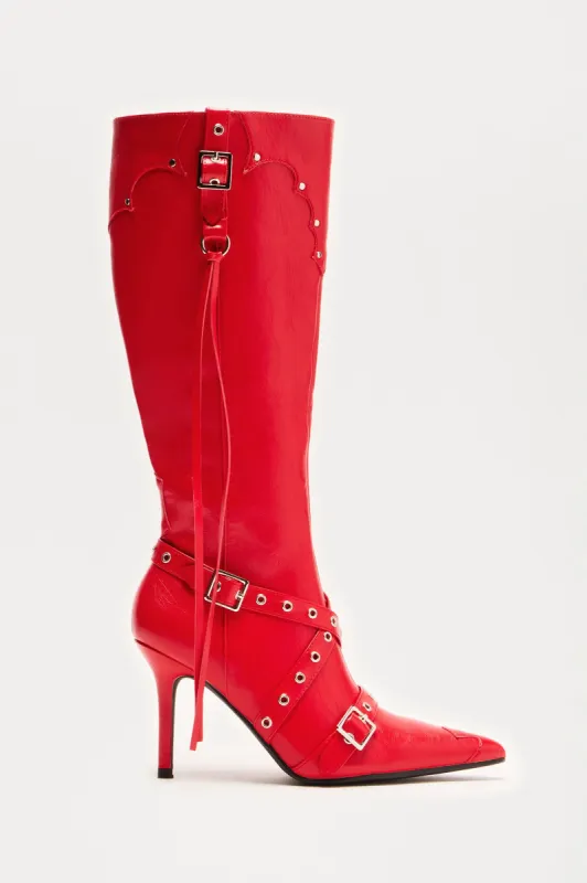 Fake Love Knee High Heeled Boots - Red sold by Fashion Nova