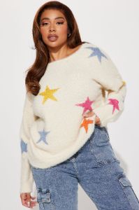 Stare At The Stars Fuzzy Knit Sweater - Cream sold by Fashion Nova