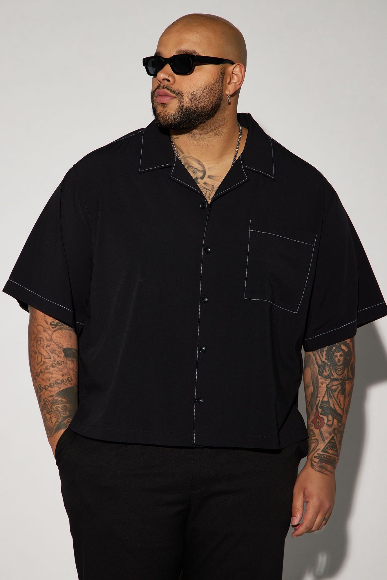 Contrast Stitch Cropped Button Up Shirt - Black | Parallel