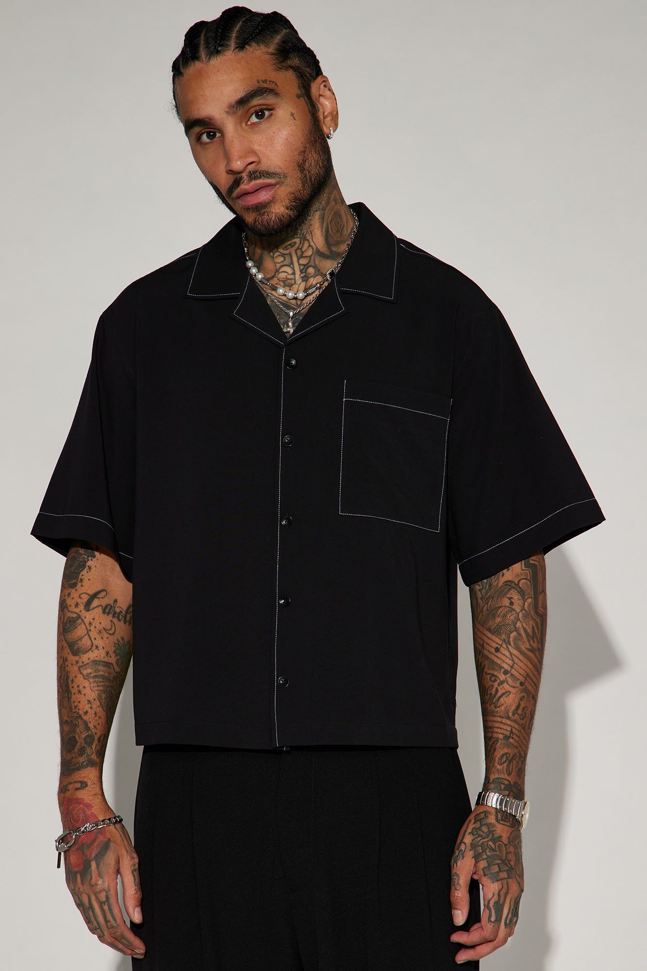 Contrast Stitch Cropped Button Up Shirt - Black | Parallel