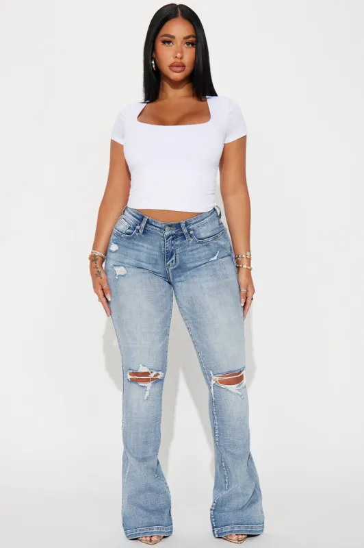 Key Figure Ripped Stretch Flare Jeans - Medium Wash sold by Fashion Nova