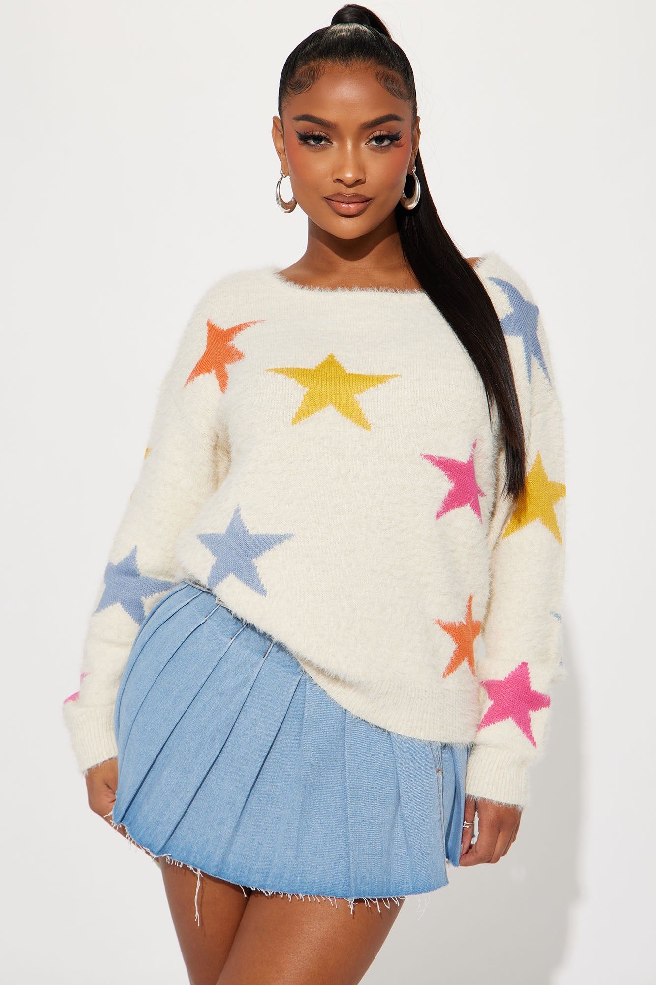 Stare At The Stars Fuzzy Knit Sweater - Cream sold by Fashion Nova