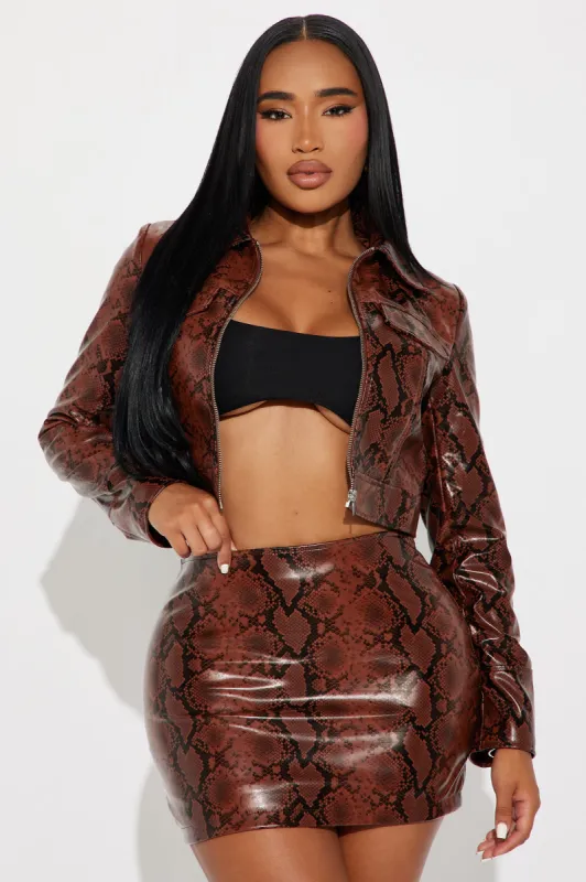 Miranda Snake Print Faux Leather Skirt Set - Brown/combo sold by Fashion Nova