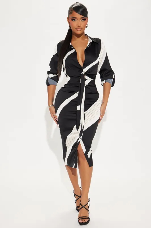 Office Elegance Satin Midi Dress - Black/White sold by Fashion Nova