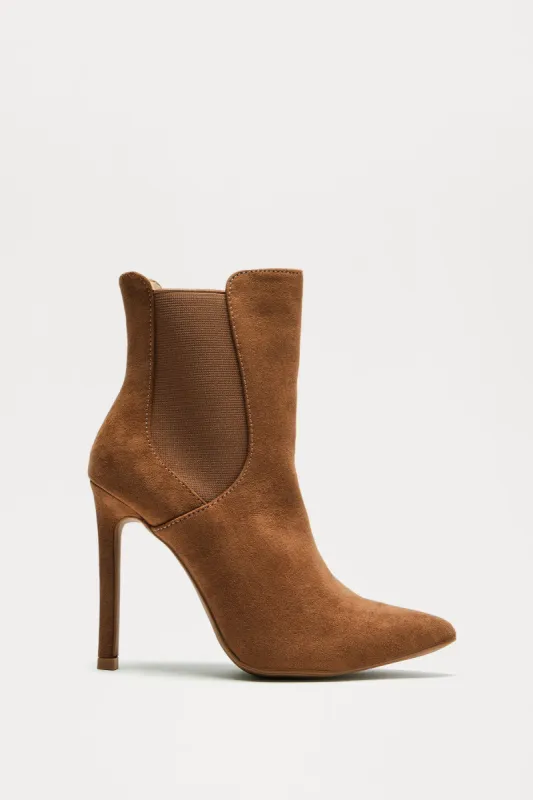 Uptown Downtown Heeled Booties - Brown sold by Fashion Nova