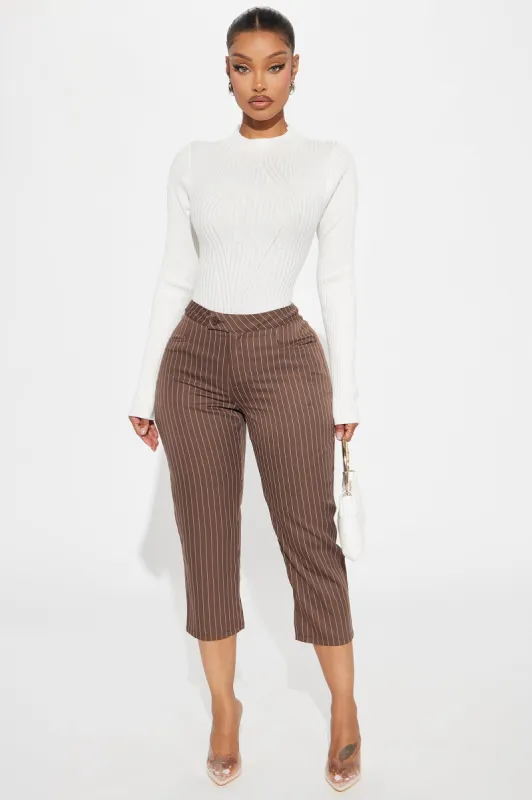 Business As Usual Pinstripe Capri Pant - Brown sold by Fashion Nova