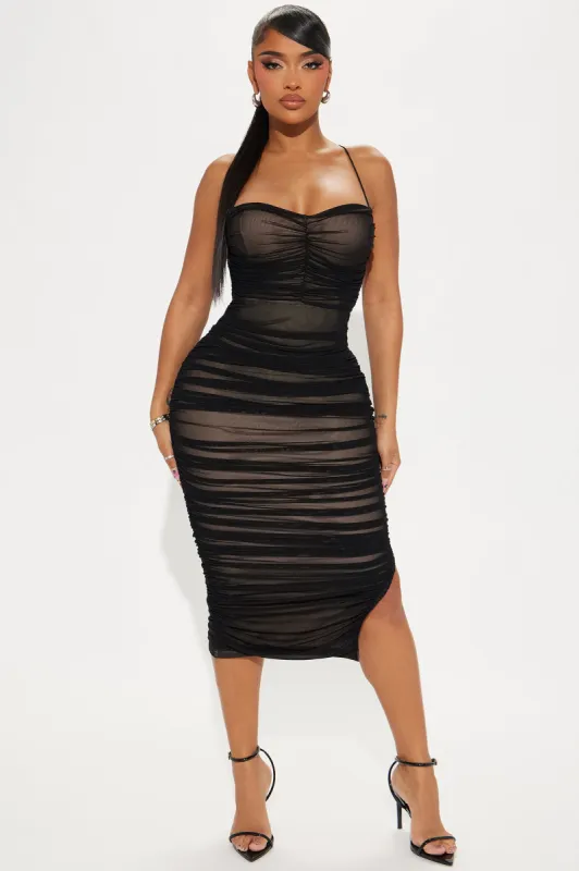 Diana Ruched Midi Dress - Black sold by Fashion Nova