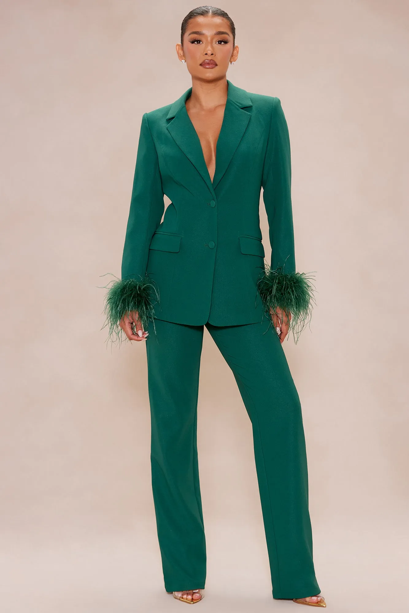 Clarissa Feather Blazer Suit Set - Hunter sold by Fashion Nova