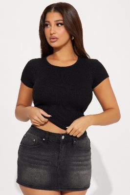 Rachel Ribbed Short Sleeve Tee - Black sold by Fashion Nova
