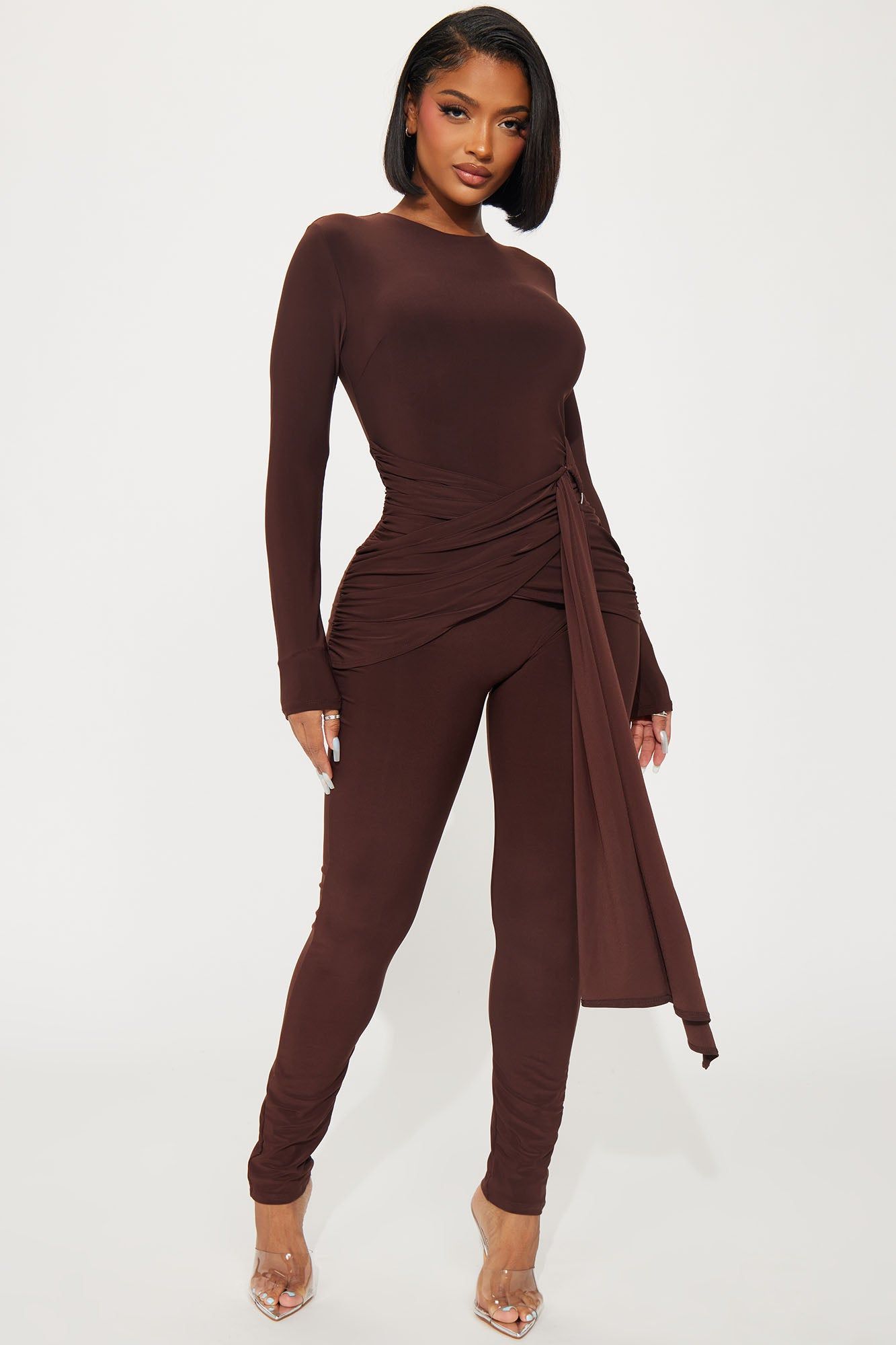 Wrapped Around You Jumpsuit - Chocolate sold by Fashion Nova