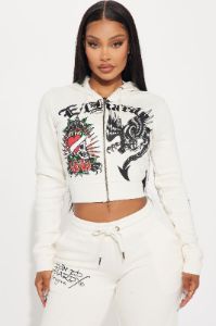 Ed Hardy Dragon Heart Zip Front Hoodie - Ivory sold by Fashion Nova