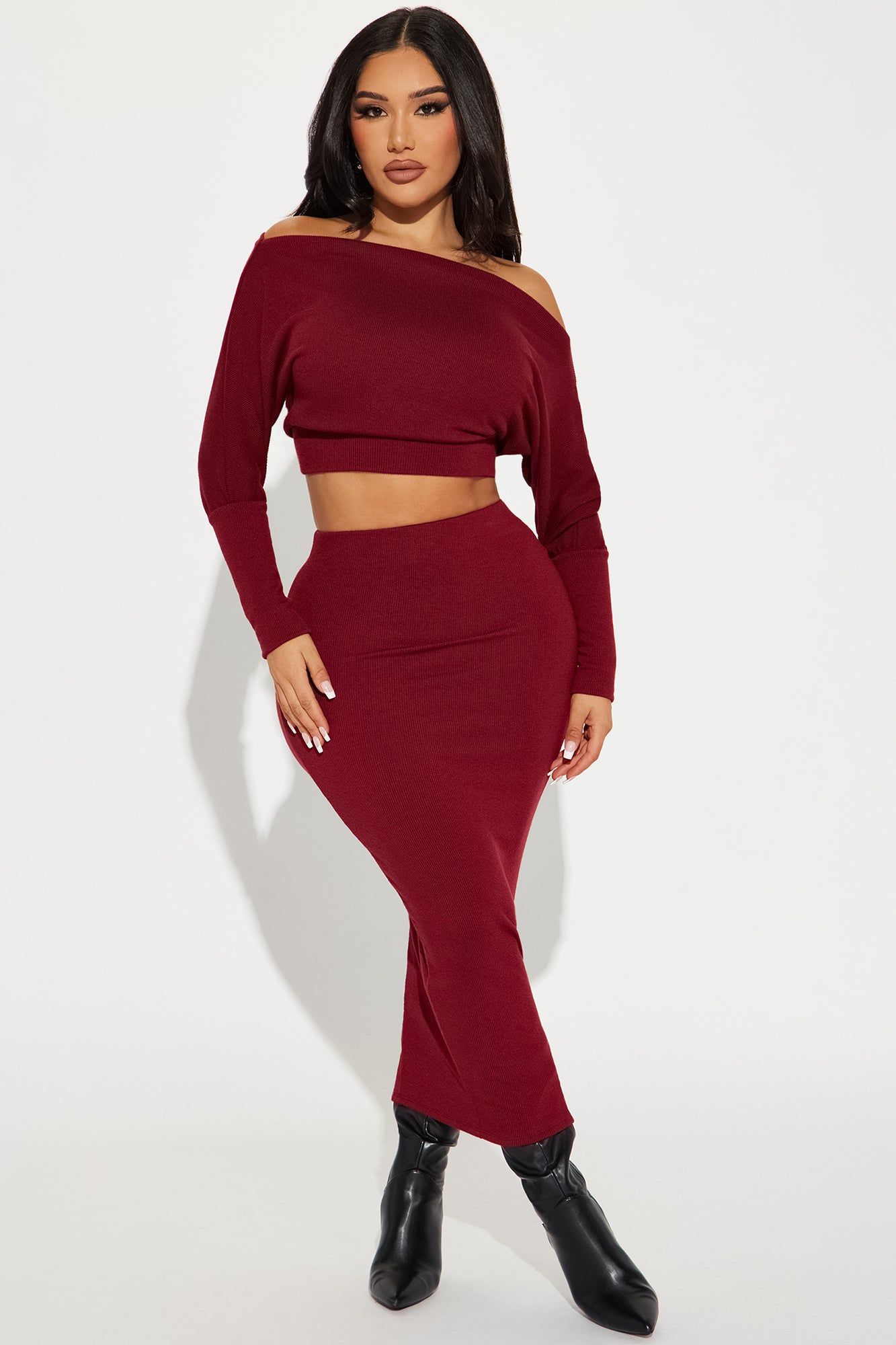 Camilla Sweater Skirt Set - Burgundy sold by Fashion Nova