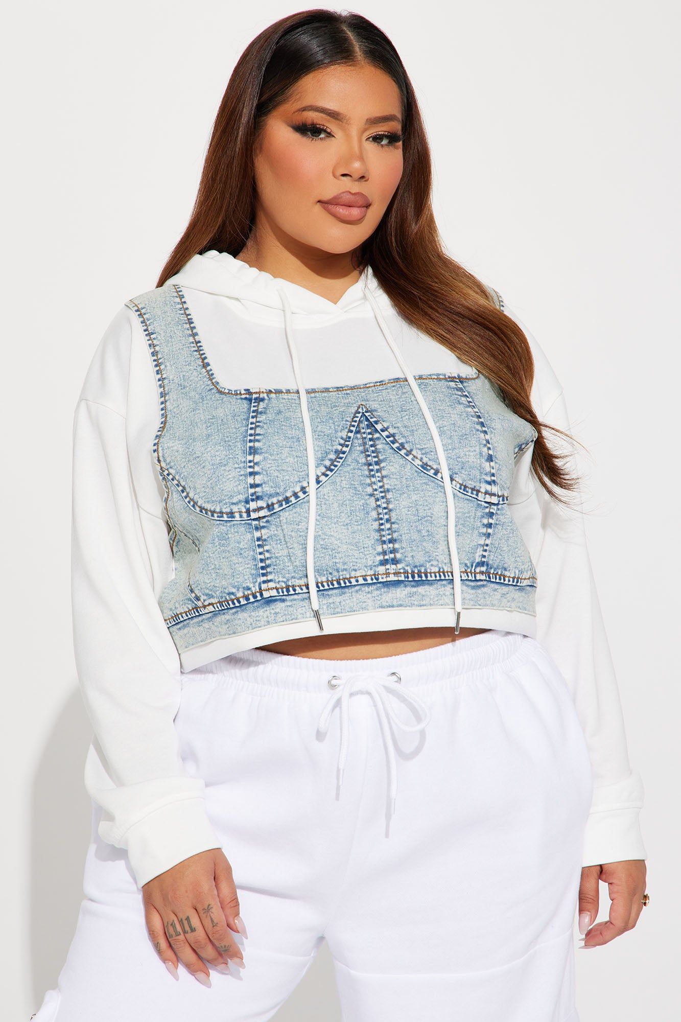 Denim Daze French Terry Hoodie - White/combo sold by Fashion Nova product image thumbnail 3