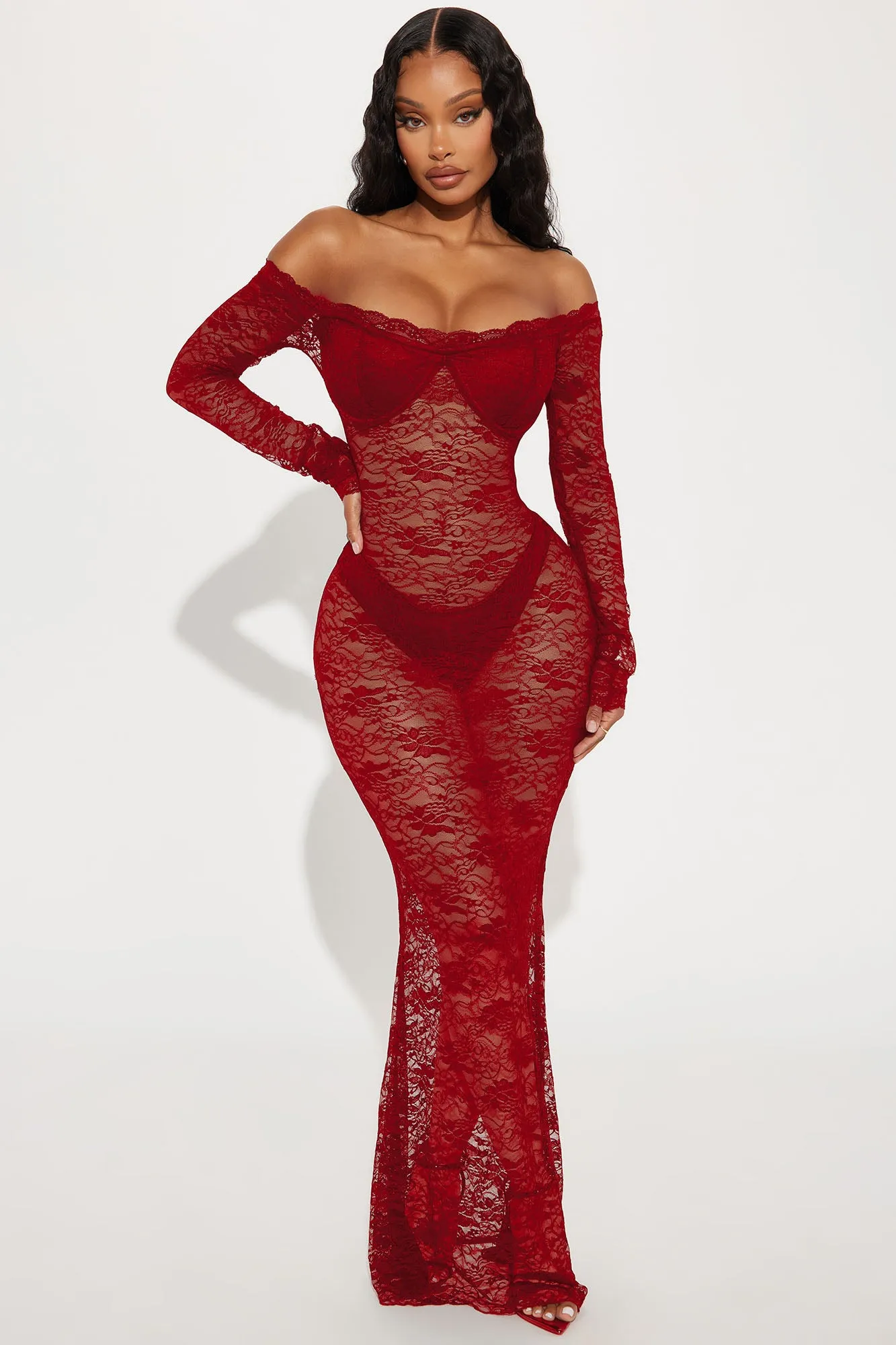 Serena Sheer Lace Maxi Dress - Wine sold by Fashion Nova