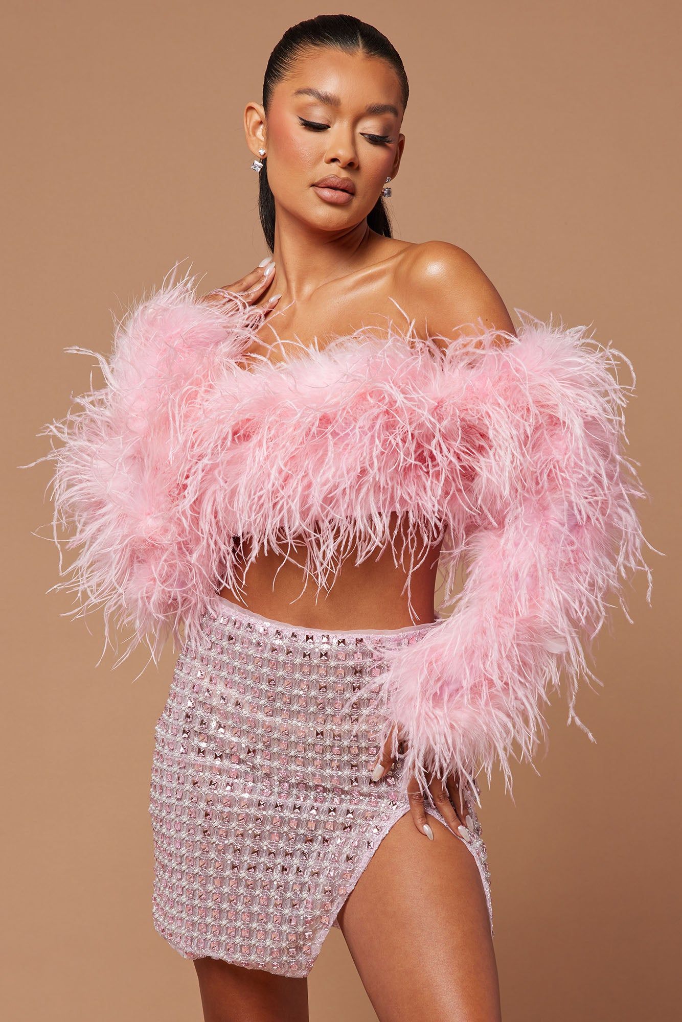 Kourt Feather Embellished Crop Top - Pink sold by Fashion Nova
