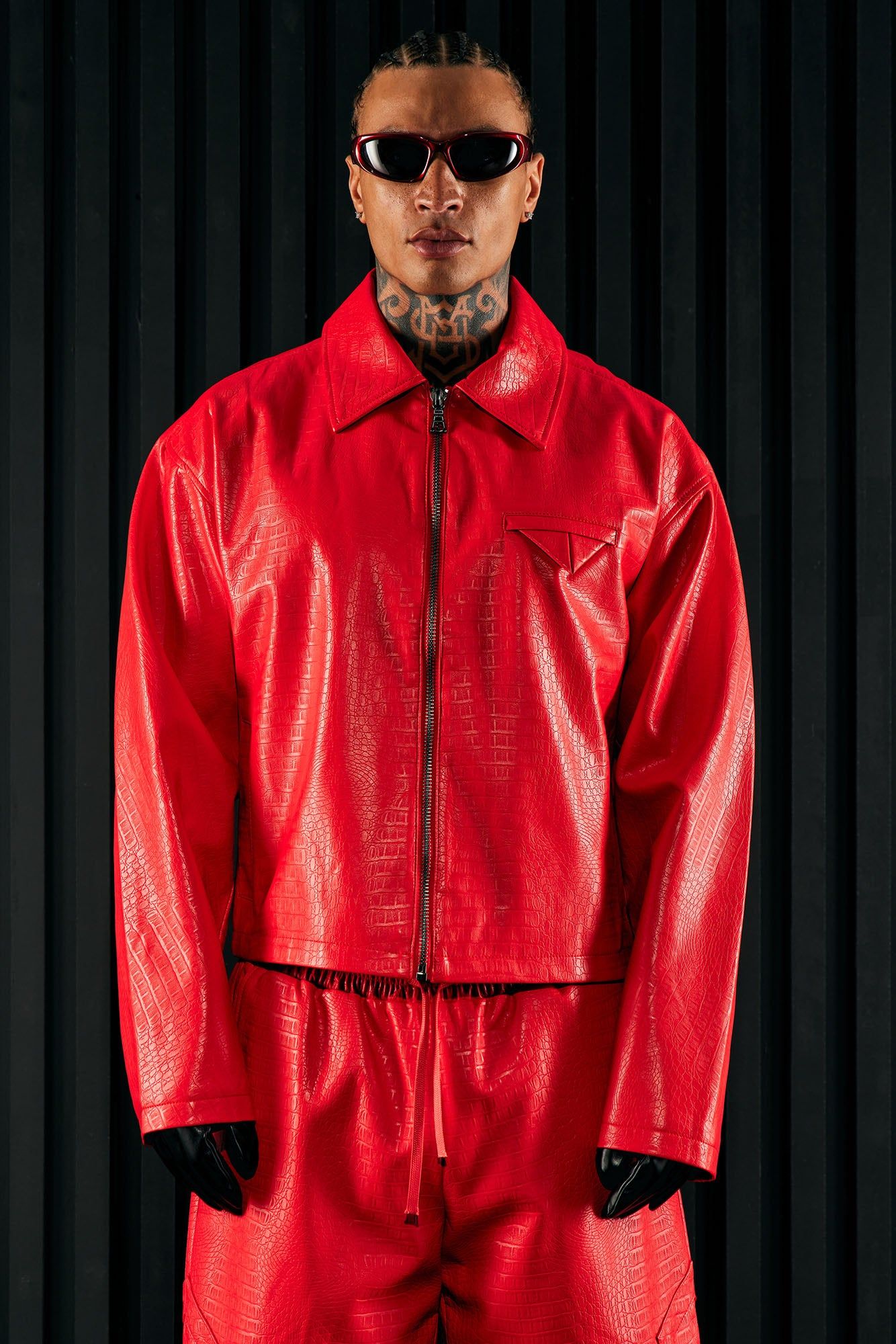 Gotta Run Faux Croc Leather Cropped Jacket - Red sold by Fashion Nova