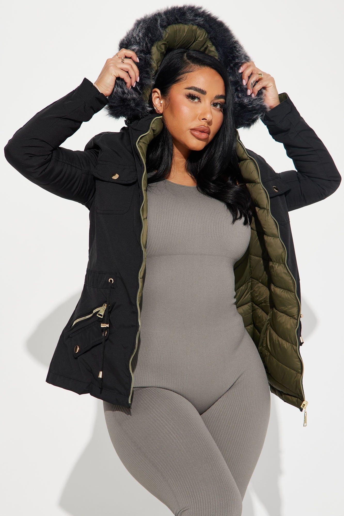 Anabelle Reversible Long Puffer Jacket - Black/combo sold by Fashion Nova